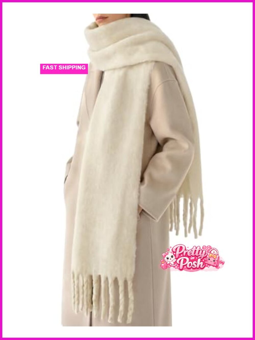 Oversized Chunky Knit Winter Scarf with Tassels Soft Polyester Wrap